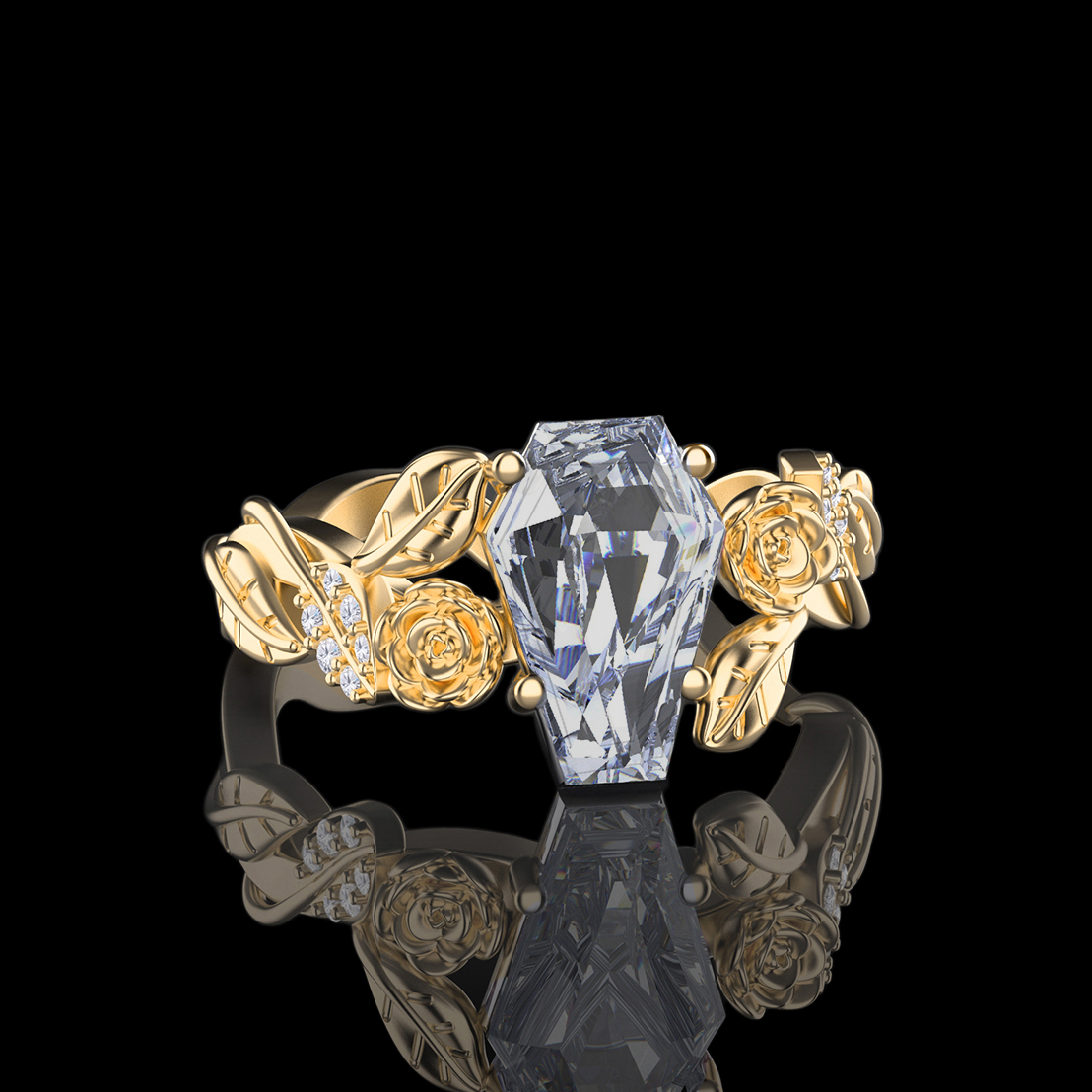 'Lileve' Gold Coffin Cut and Diamond Floral Engagement Ring