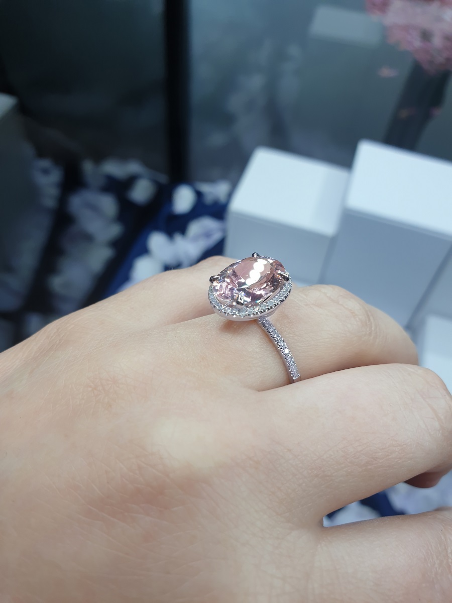 Morganite Engagement Ring Set, Diamonds Bridal Ring Sets, Pink Peach Morganite  Wedding Ring Set 1.73 Carat 14K White Gold Halo Pave Handmade