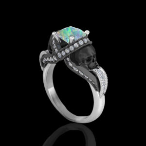 Aphrodite Natural Opal and Natural Diamond Skull White Gold Engagement Ring - A
