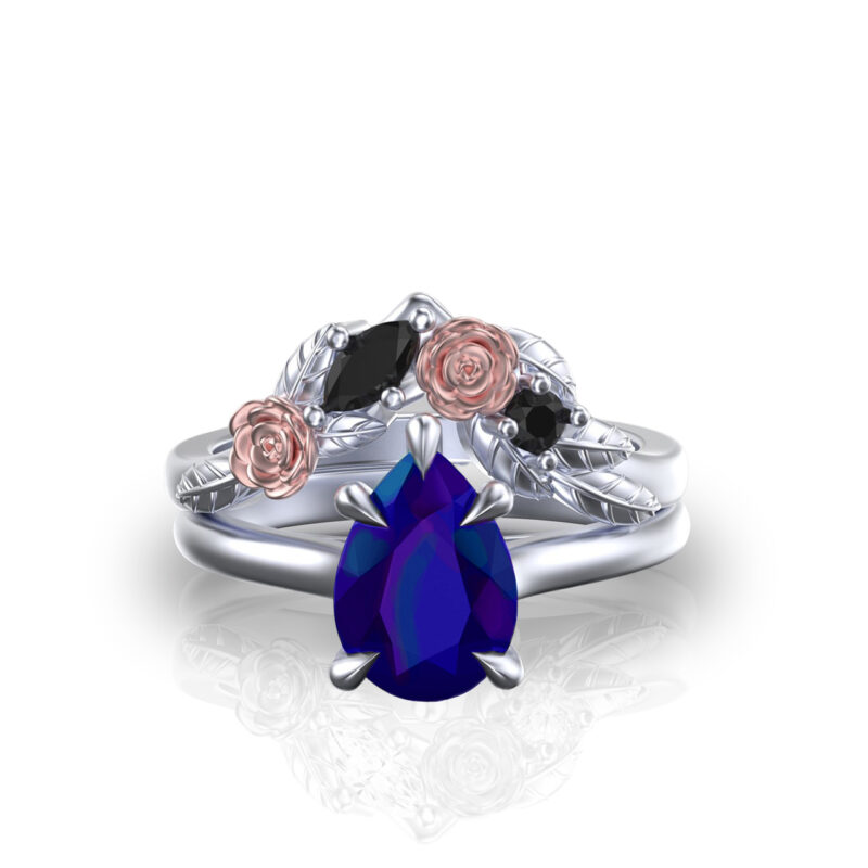 'Violette' Pear Cut Alexandrite and Diamond Gold Floral Bridal Set