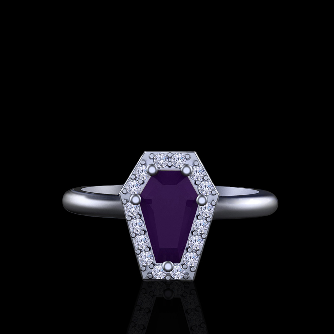 Coffin Ring Black Onyx Promise Ring Black Coffin Ring with Amethyst Side  Stones Engraved Plain White Gold Nesting Band