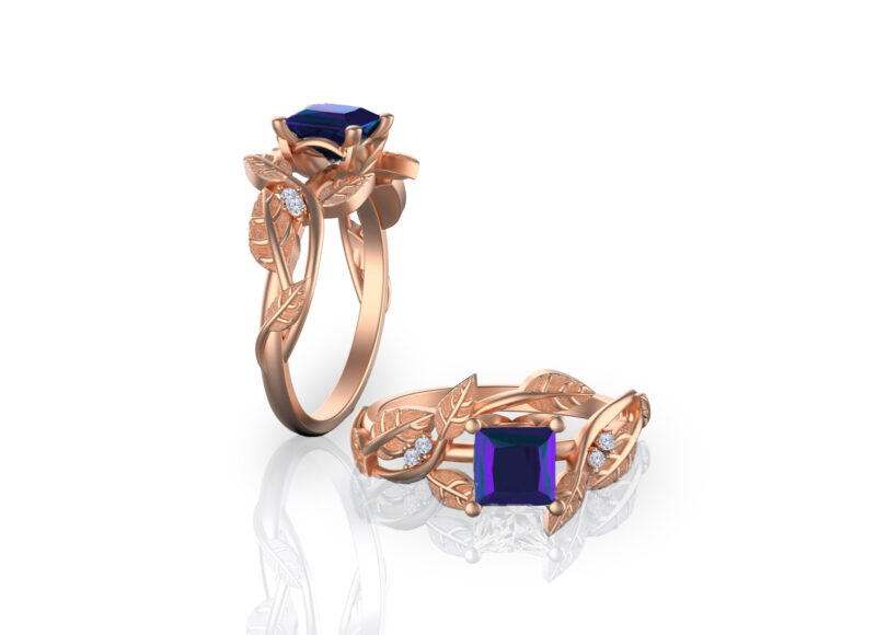 'Ava Fleur' Alexandrite & Diamond Princess Cut Gold Floral Engagement Ring - Image 2