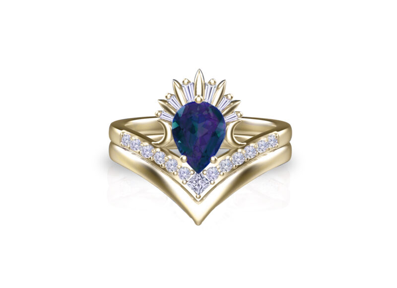'Alyiah' Pear Cut Alexandrite Gold Moon Bridal Set - Image 3