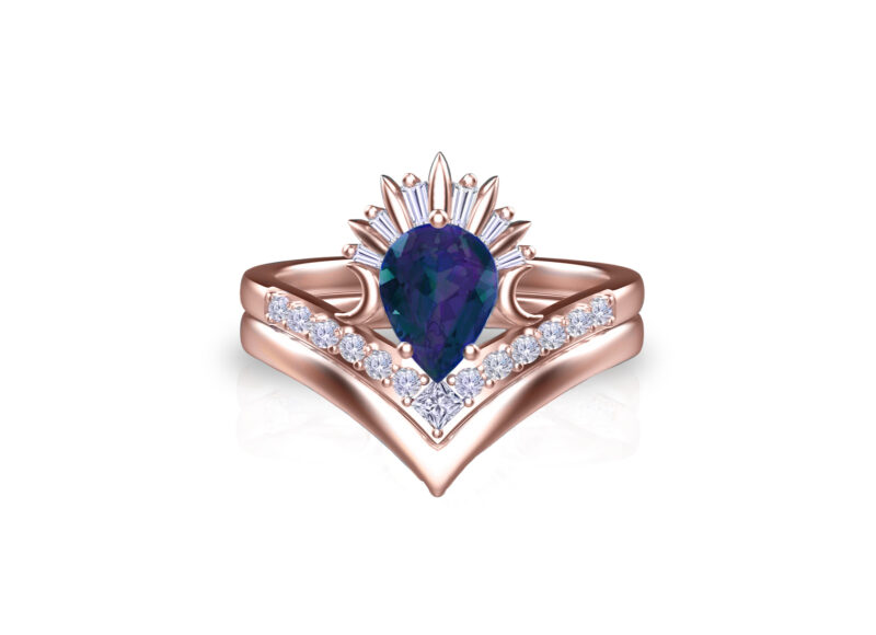 'Alyiah' Pear Cut Alexandrite Gold Moon Bridal Set - Image 2