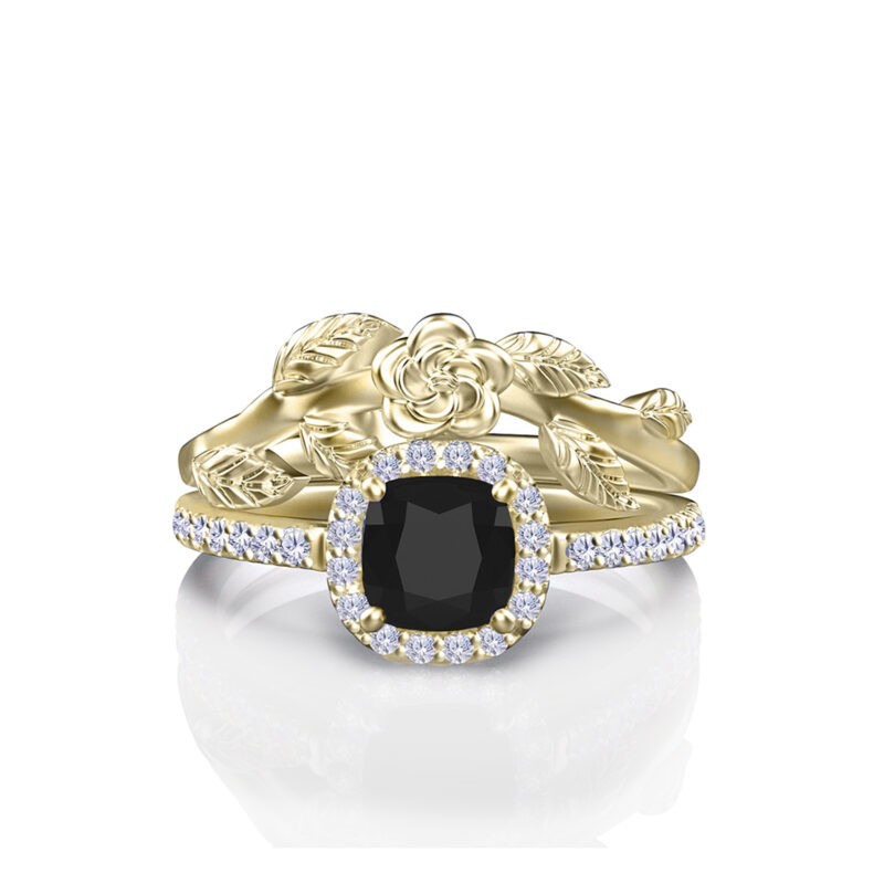 aviana-black-diamond-cushion-yellow-gold-floral-bridal-set
