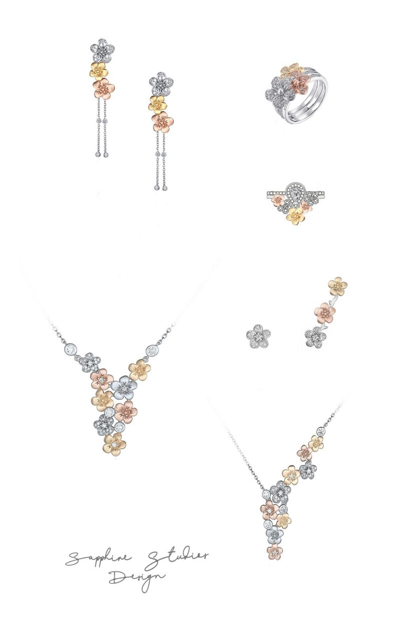 '824' Certified Moissanite & Natural Diamond Gold Bridal Set - Cherry Blossom Collection