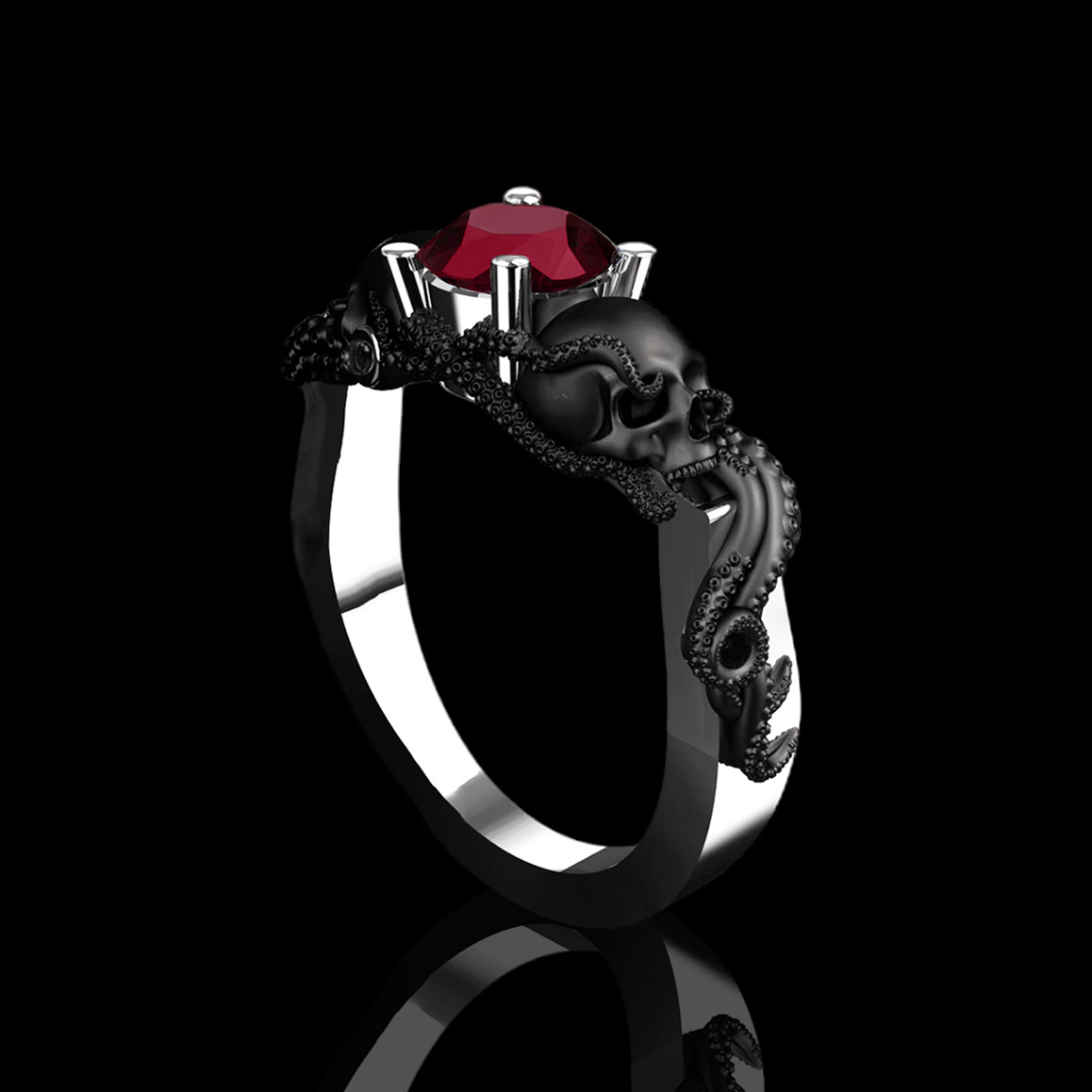 'Underworlds' Natural Ruby & Black Diamond White/Black Gold Skull Ring