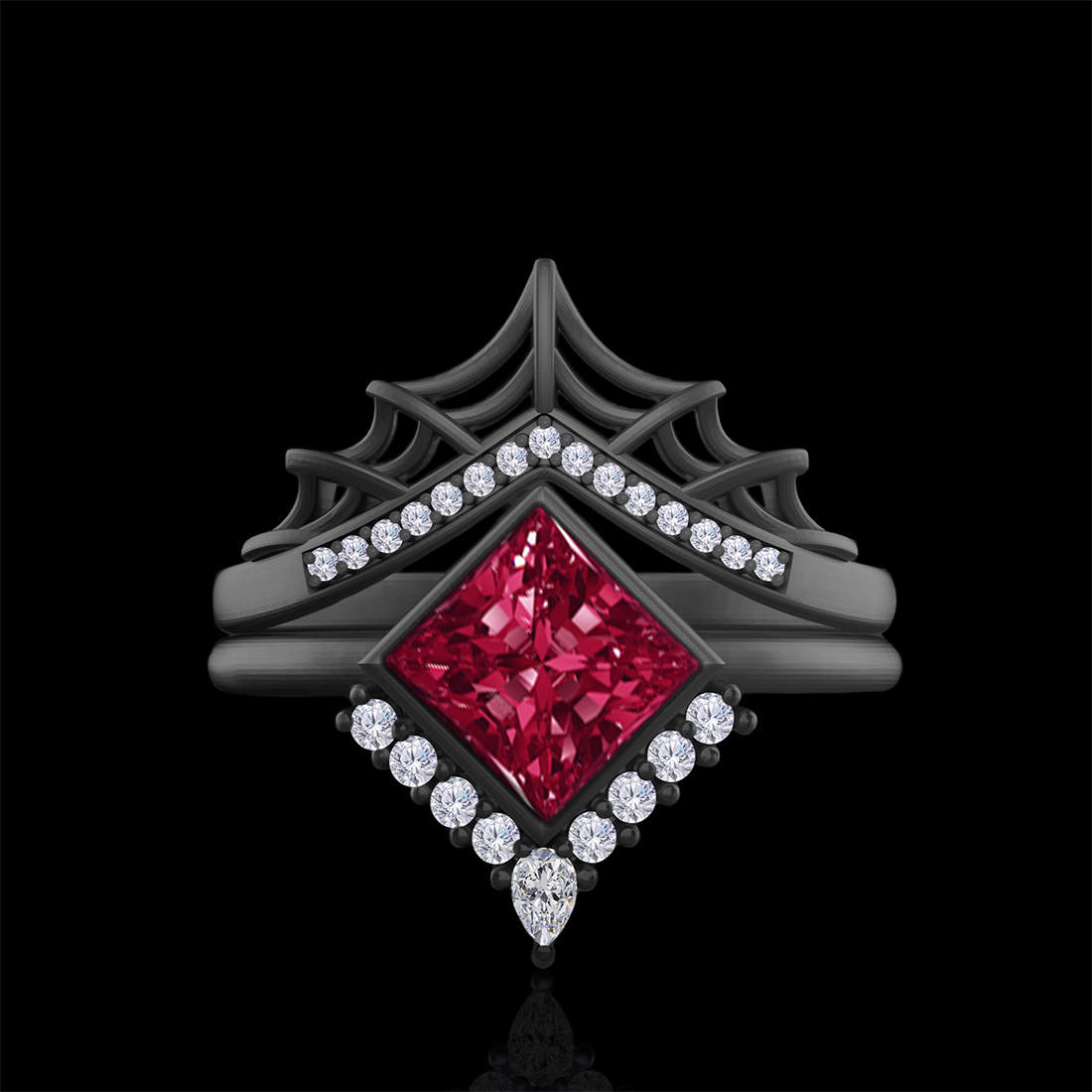 'Avalee' Princess Cut Natural Garnet & Spider Web Band Gold Bridal Set