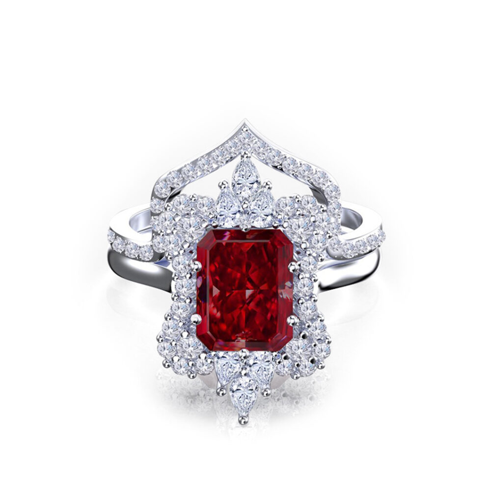 'Lilena' Radiant Cut Natural Garnet Gold Floral Bridal Set