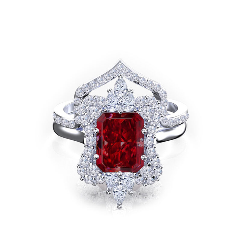 'Lilena' Radiant Cut Natural Garnet Gold Floral Bridal Set