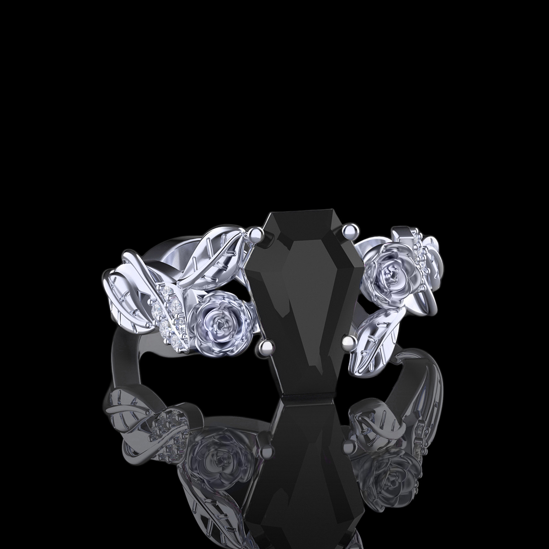 'Lileve' Sterling Silver Natural Coffin Cut and Diamond Floral Ring