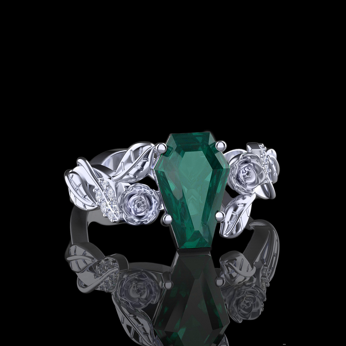 'Lileve' Gold Natural Coffin Cut and Diamond Floral Engagement Ring