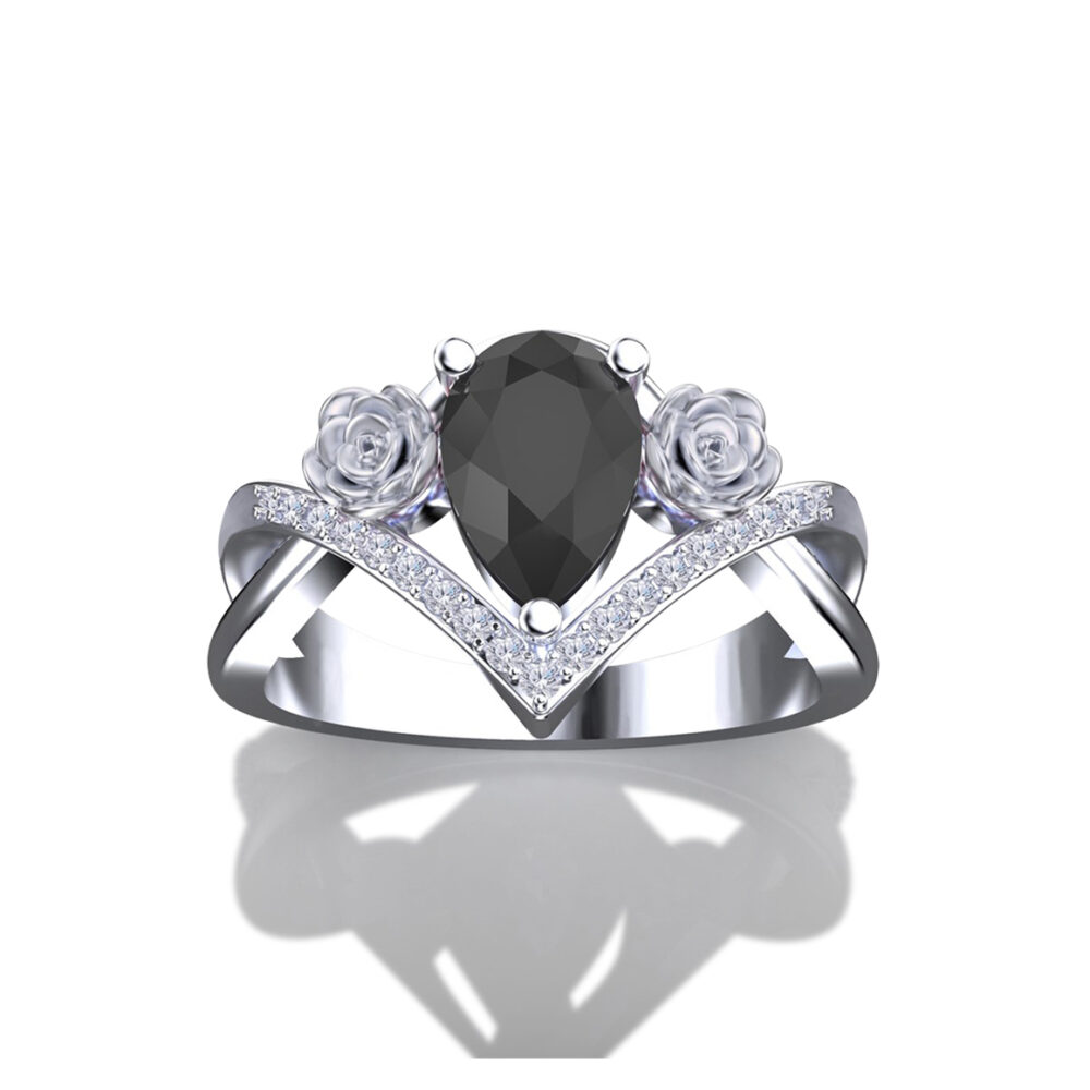 'Lola' Pear Cut Natural Black & White Diamond Gold Floral Engagement Ring