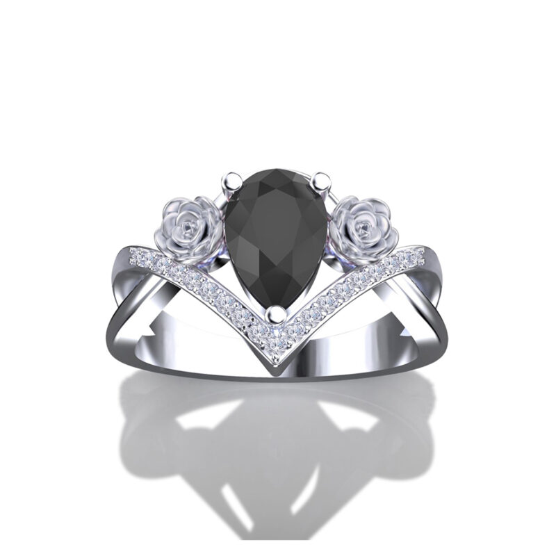 'Lola' Pear Cut Natural Black & White Diamond Gold Floral Engagement Ring