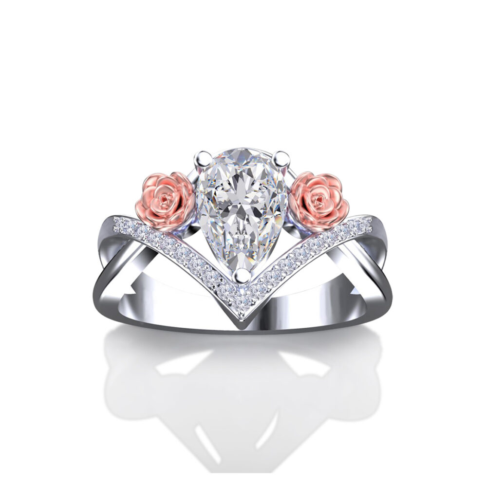 'Lola' Pear Cut Two Tone Gold Floral Engagement Ring