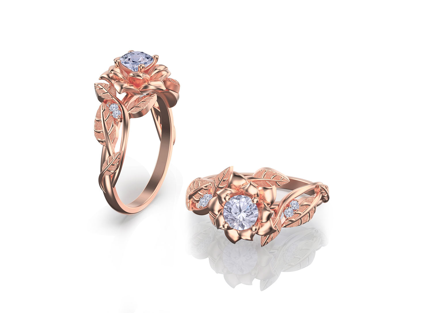 Sakura Blossom Diamond Ring, Rose Gold Floral Wedding Ring