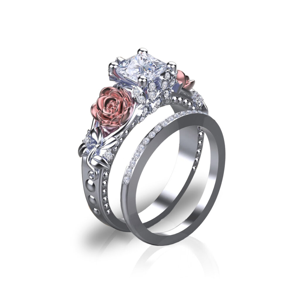 'Rosa Del Amor' Natural White Diamond Princess Cut White Gold Bridal Set