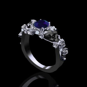'St. Ivy' Natural Blue Sapphire and White Diamond White Gold Skull Engagement Ring