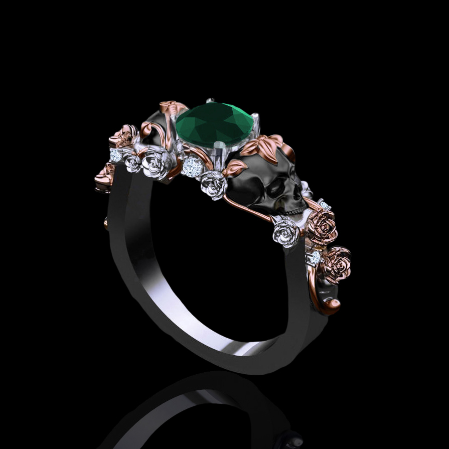 St. Ivy Natural Emerald White Diamond White Gold Skull Engagement