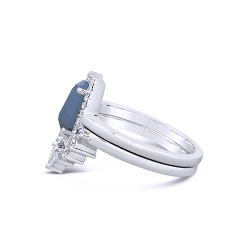 1.21ct Natural Blue Diamond Coffin Cut 14k White Gold Bridal Set