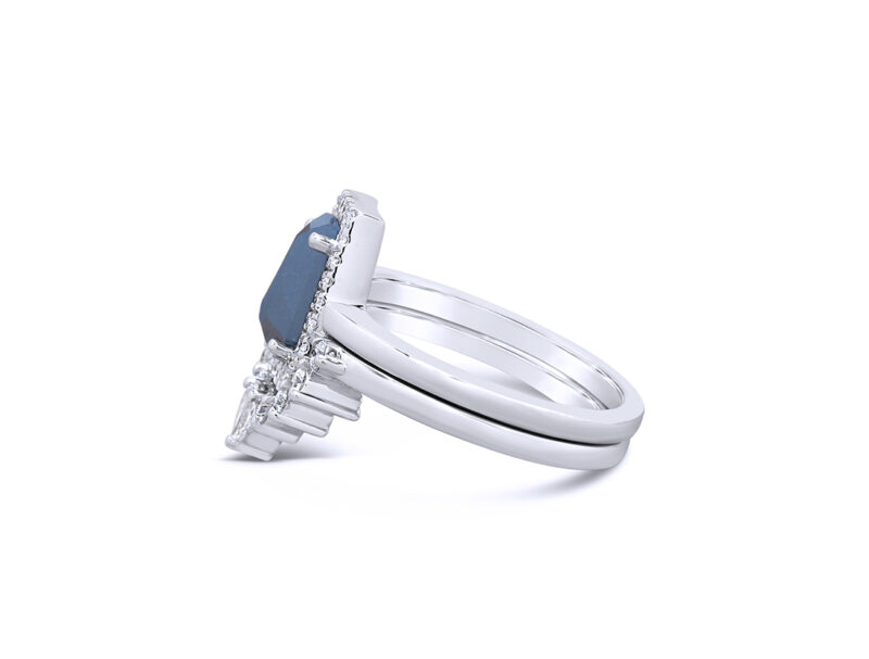 1.21ct Natural Blue Diamond Coffin Cut 14k White Gold Bridal Set