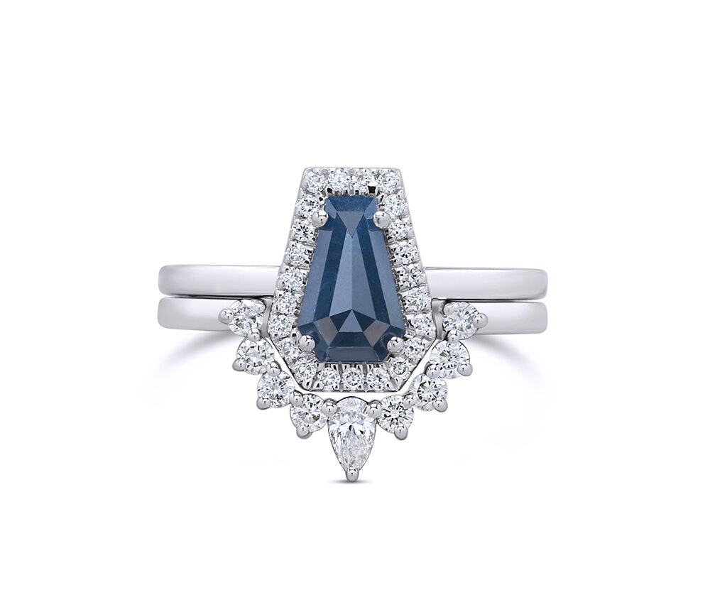 1.21ct Natural Blue Diamond Coffin Cut 14k White Gold Bridal Set
