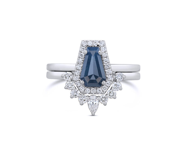 1.21ct Natural Blue Diamond Coffin Cut 14k White Gold Bridal Set