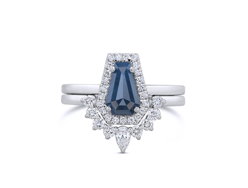 1.21ct Natural Blue Diamond Coffin Cut 14k White Gold Bridal Set