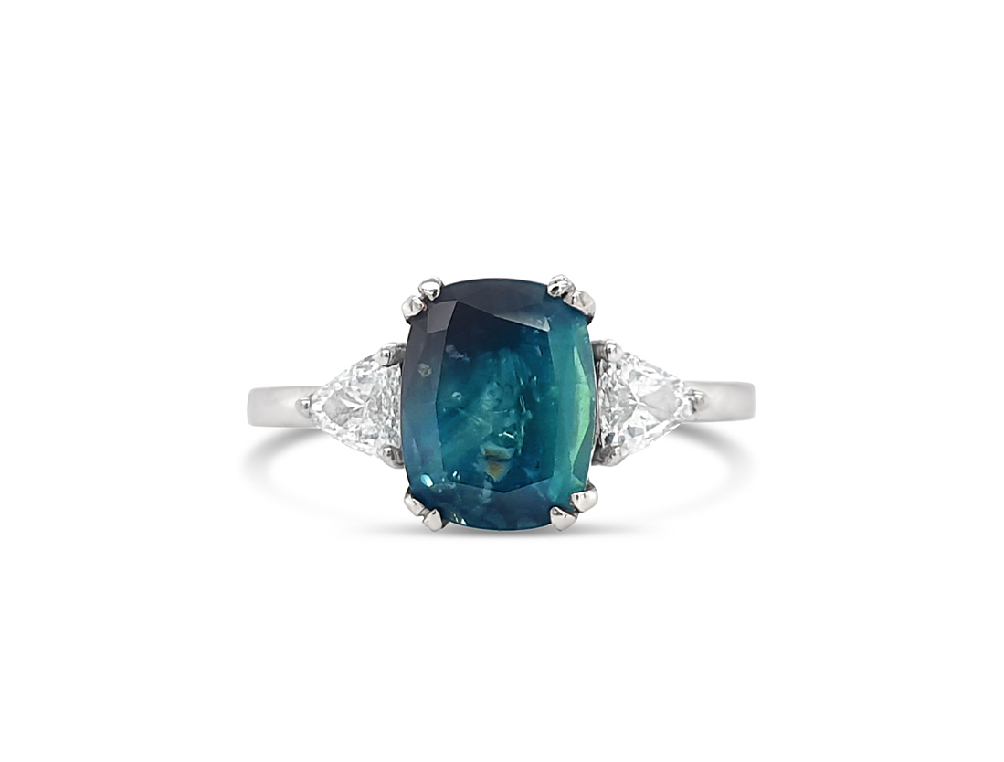 2.76ct Teal Sapphire Cushion Cut 14k White Gold Ring
