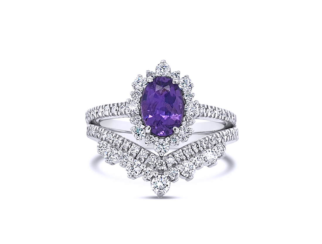 Vintage 1.70ct Pear Purple Sapphire Natural Platinum Baguette Diamond Ring  - petersuchyjewelers