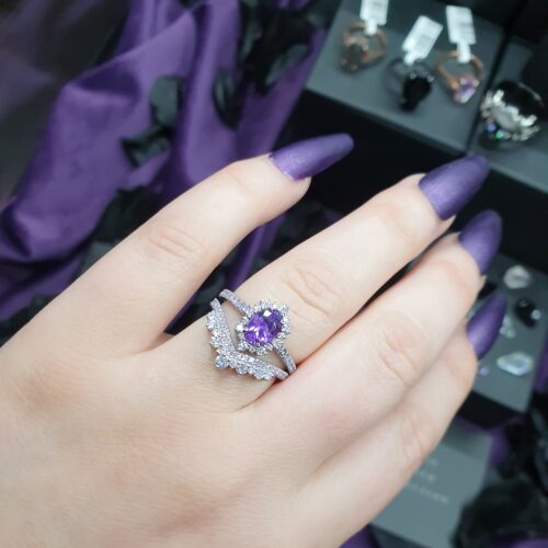 1.09ct Natural Purple Sapphire Oval Cut 14k White Gold Bridal Set