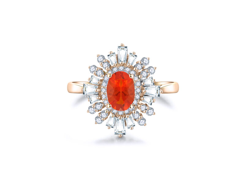 'Celine' Oval Cut Mexican Fire Opal Halo Gold Ring - Image 2