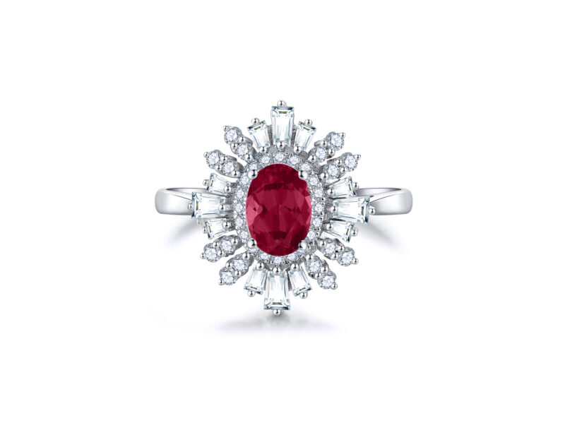 'Celine' Oval Cut Ruby Halo Gold Ring