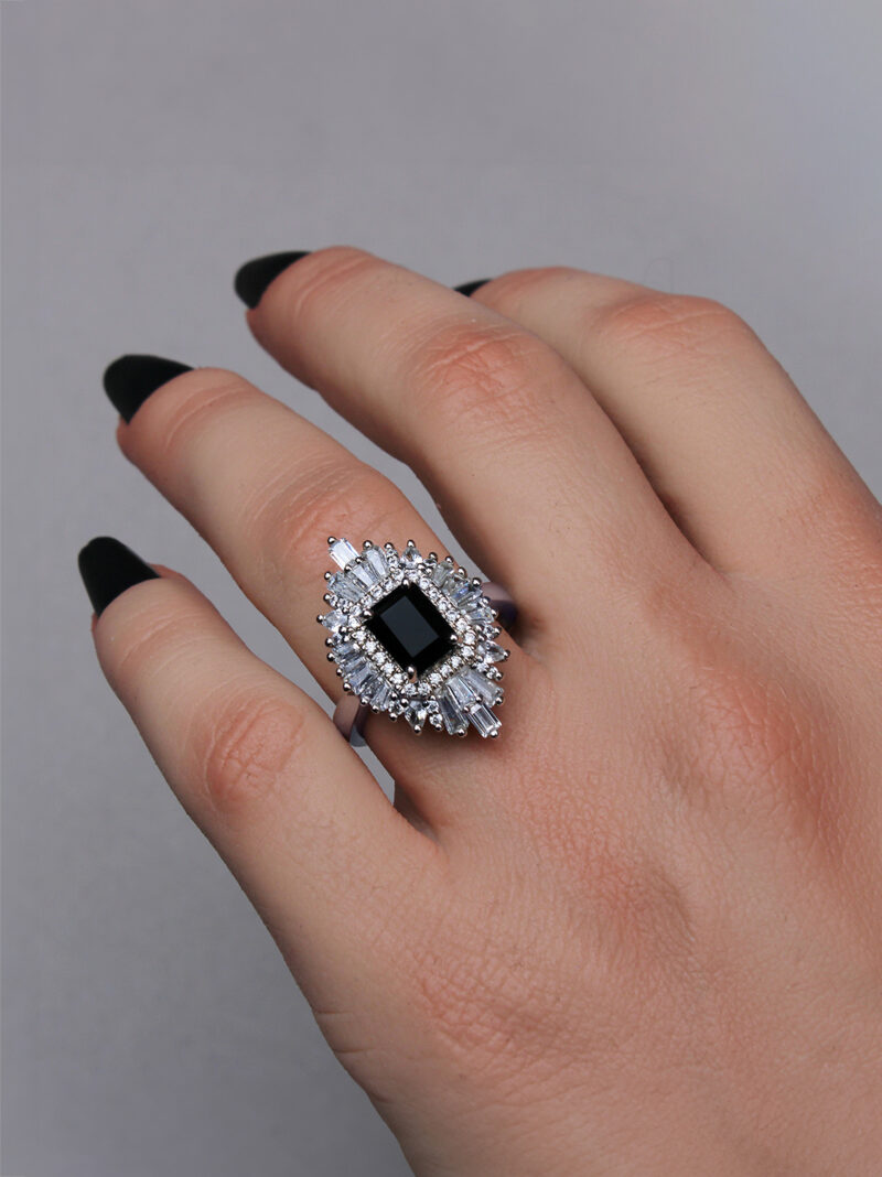 skye-emerald-cut-black-diamond-halo-gold-ring-art-deco-starburst-ring