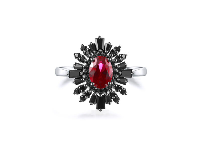 celine-oval-cut-ruby-black-diamond-halo-baguette-cut-gold-art-deco-ring