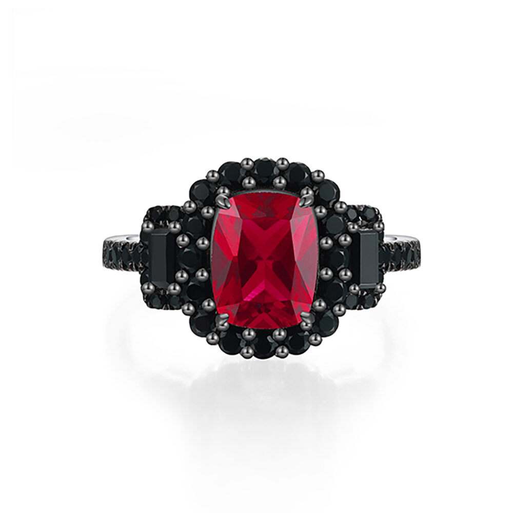devina-cushion-cut-ruby-black-diamond-black-gold-halo-gold-ring
