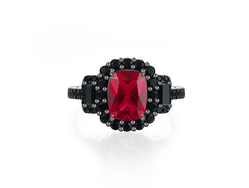 devina-cushion-cut-ruby-black-diamond-black-gold-halo-gold-ring