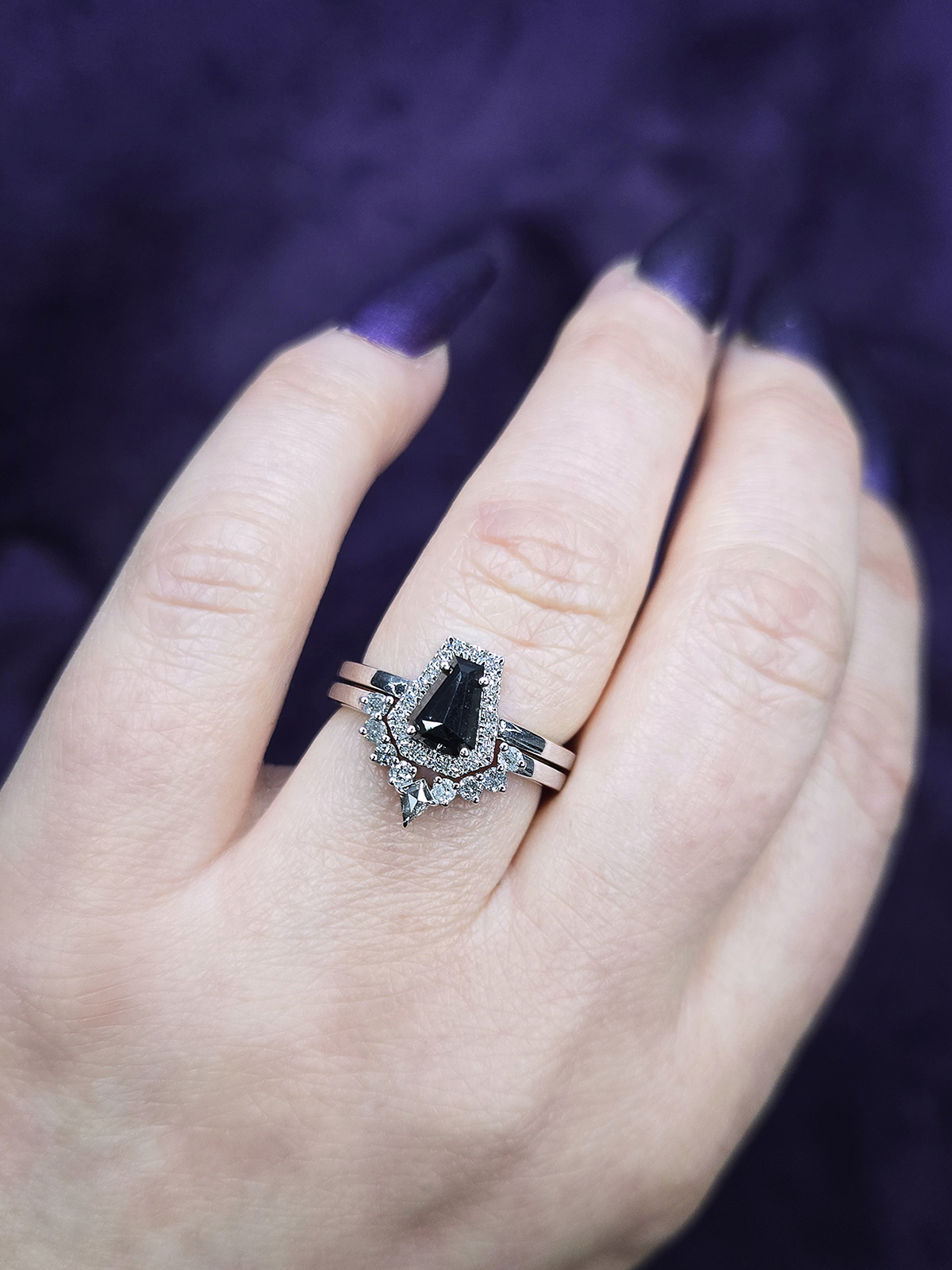 1.01ct Natural Black Diamond Coffin Cut 14k White Gold Bridal Set