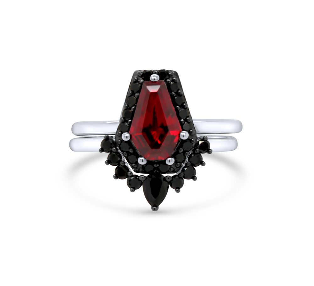 1.72ct Ruby & Black Diamond Coffin Cut 14k White Gold Bridal Set