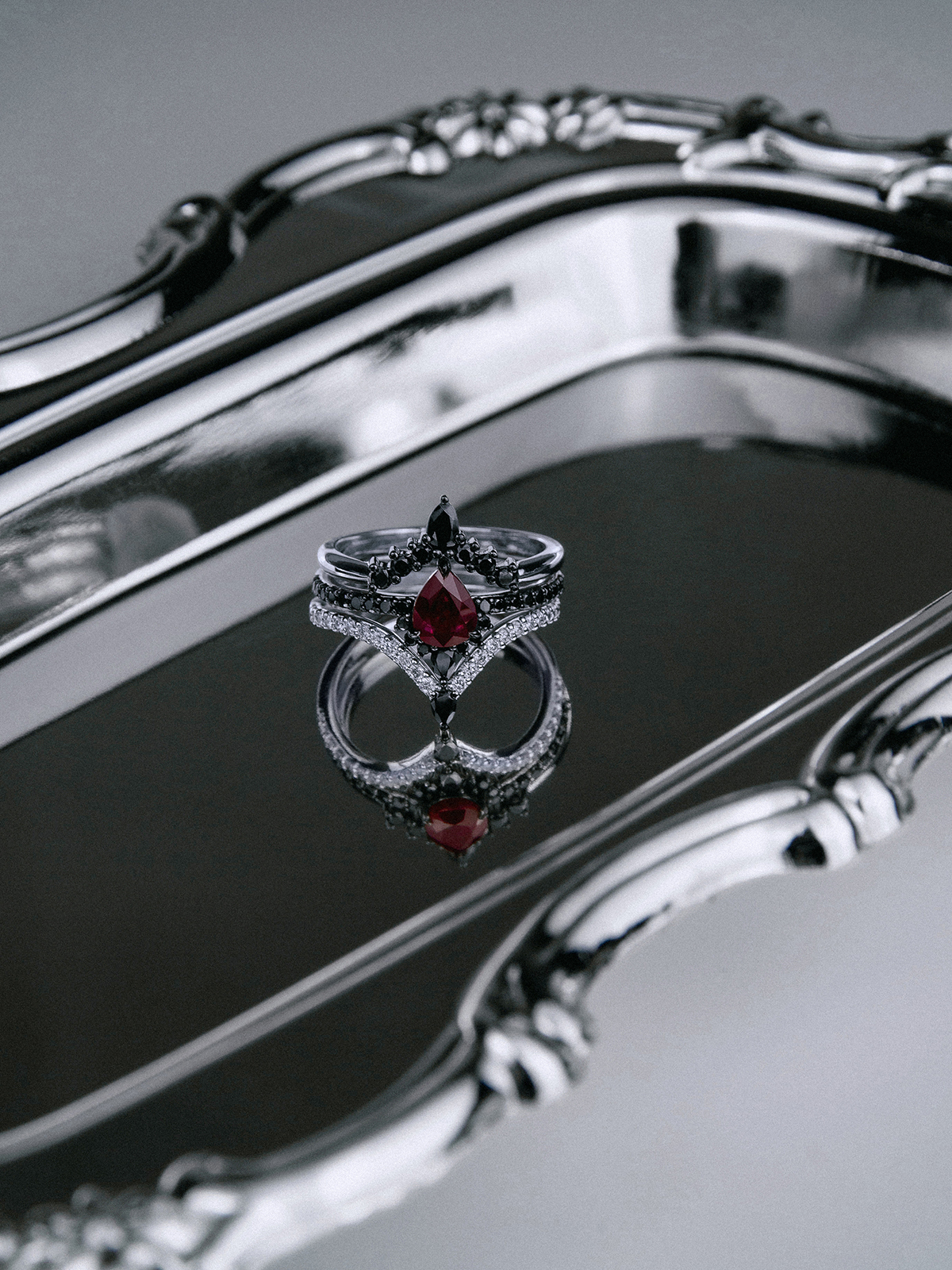 1.04ct Ruby Pear Cut + Black & White Diamond 14k White Gold 3 Bridal Set
