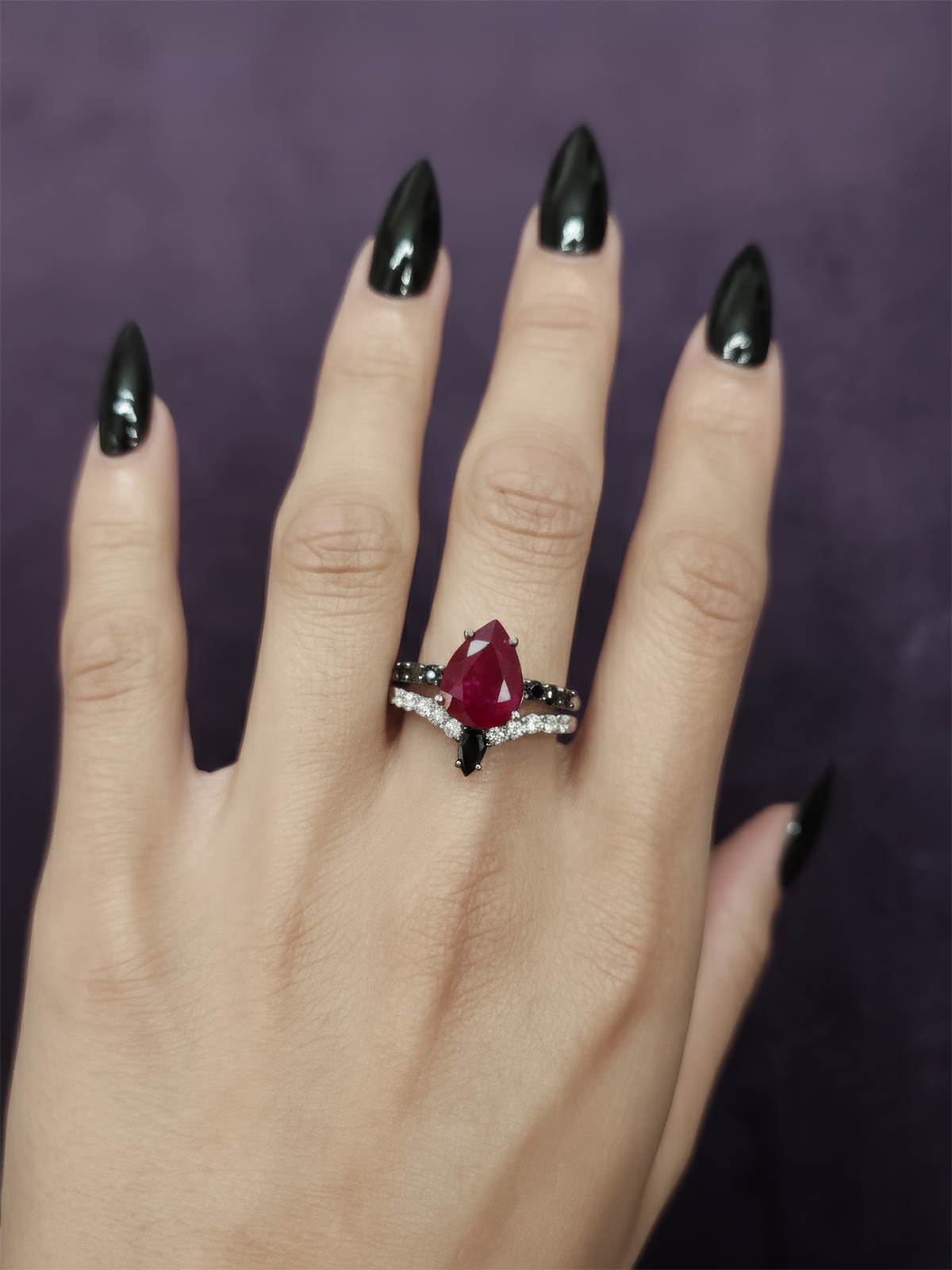 3-89ct-ruby-pear-cut-black-white-diamond-platinum-bridal-set